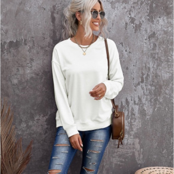 White Plain Crew Neck Pullover Sweatshirt - Picture 2 of 14